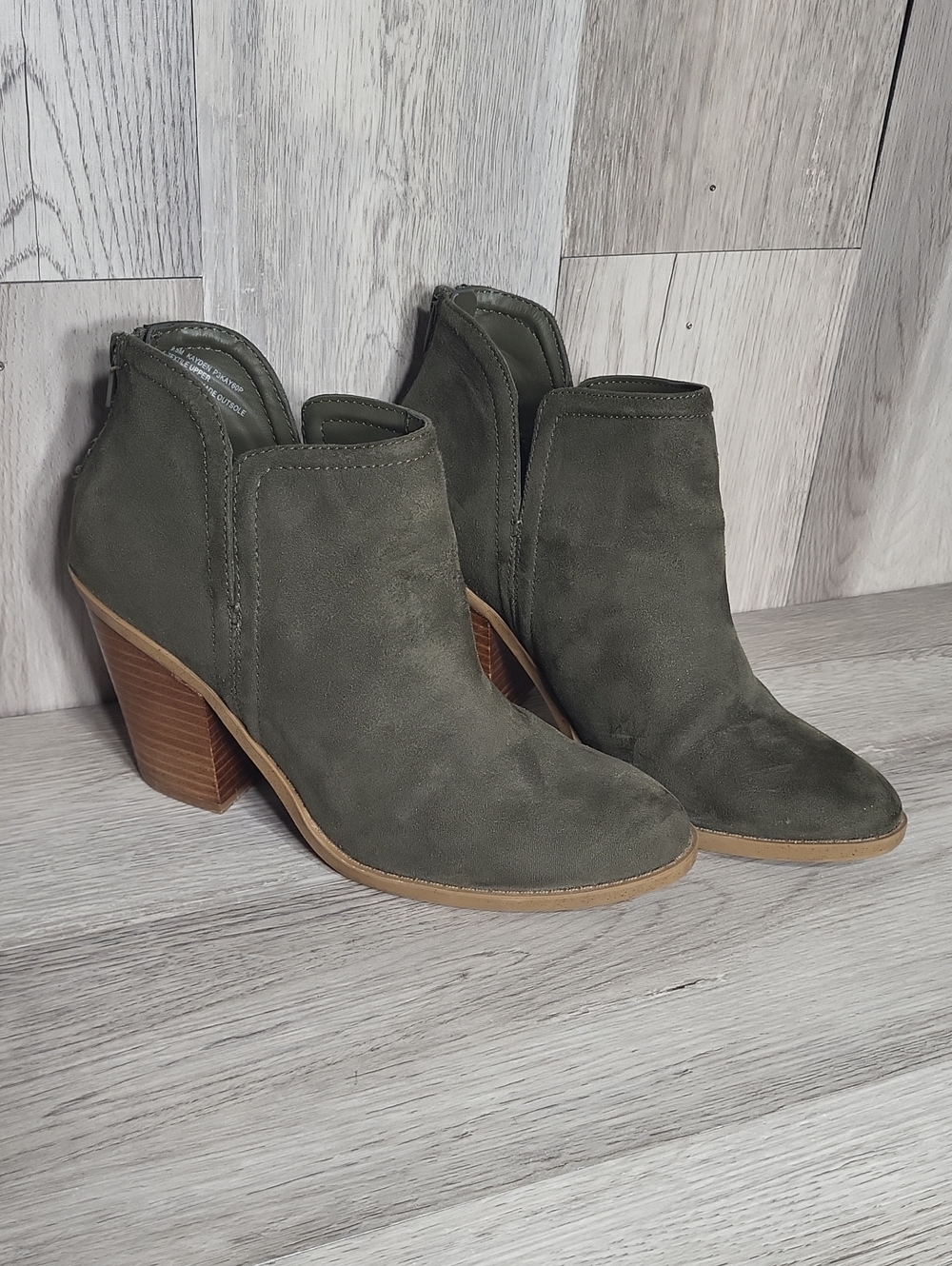 Joie Kayden Ankle Boots Back Zip Stacked Chunky Heel Olive Green Womens 8.5M